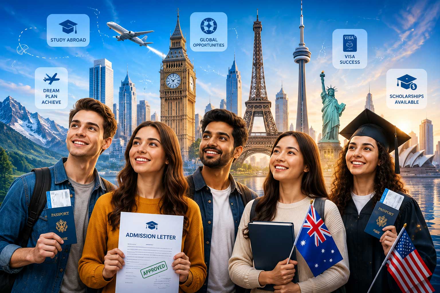 Students celebrating study abroad admission letters, visas and scholarships with world landmarks in the background